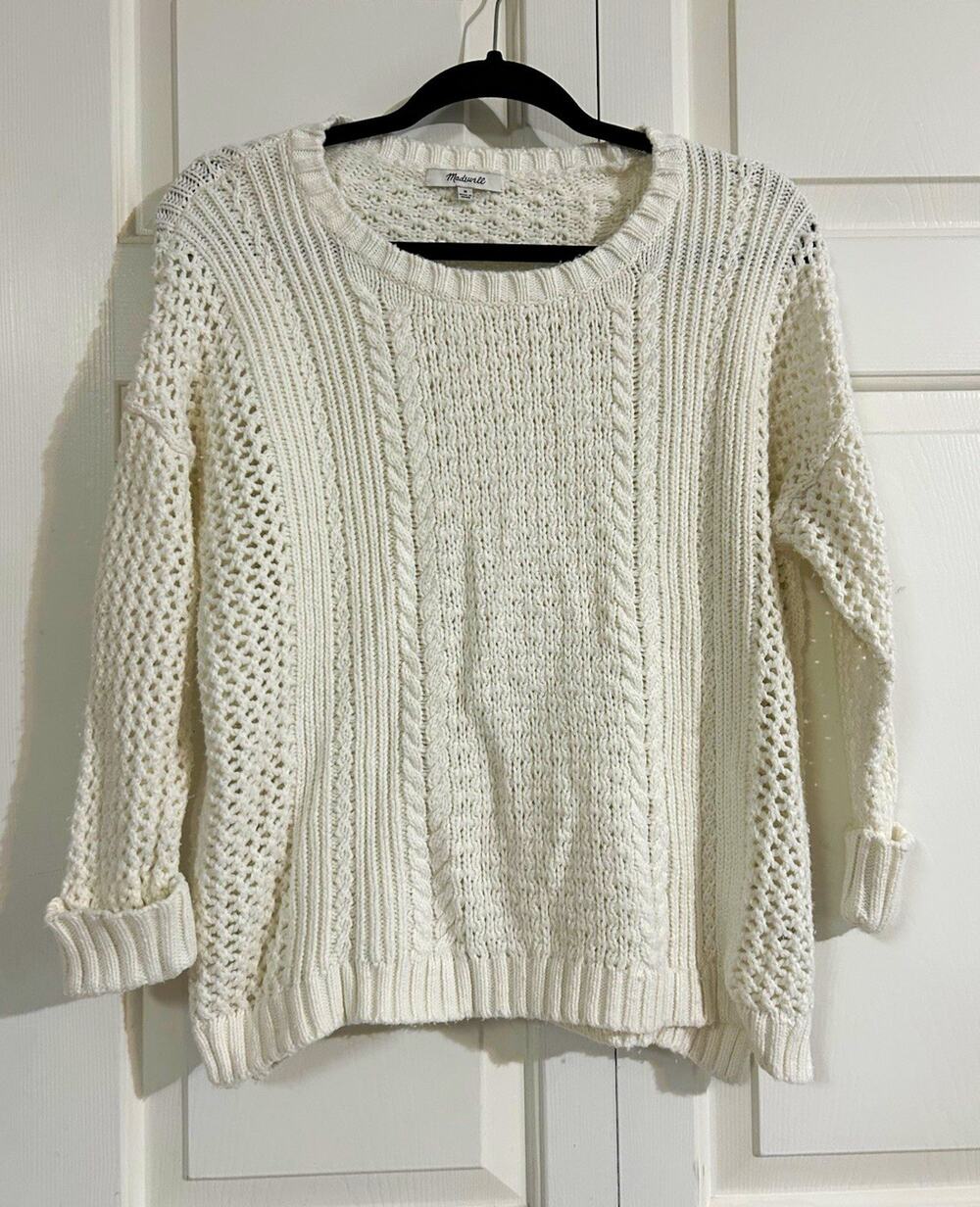 Madewell White Cable Knit Crew Neck Long Sleeve Pullover Sweater Women’s M